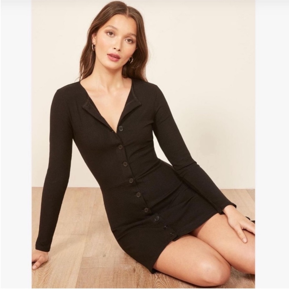 Worn once Reformation Jeans Aida black ribbed mini long sleeve flared dress XS